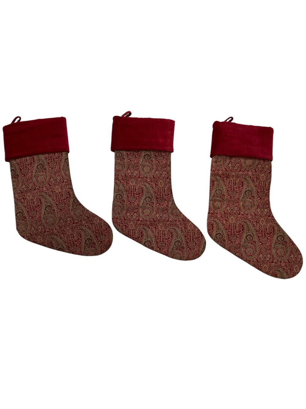 Pottery Barn Tapestry and Velvet Red Christmas Stockings - Set of 3 Three